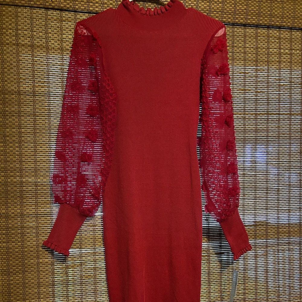 Red GLAMOUR sweater dress with sheer sleeves 
MEDIUM